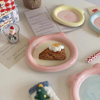 Κορεάτικο στυλ Χειροποίητο χρώμα Χειροποίητο πιάτο Doodle Λουλούδι Αρκούδα Γάλα fufu Διαδίκτυο Κόκκινο πιάτο Επιδόρπιο Κέικ Παιδικά σερβίτσια