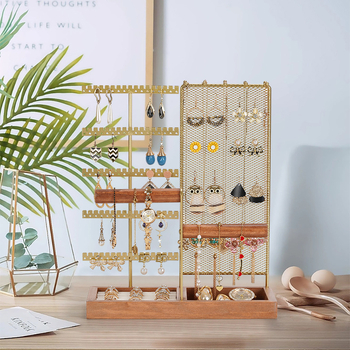 Užsienio prekybos originalaus dizaino auksinė dviejų ašių papuošalų lentynėlė, išardoma iš medžio masyvo pagrindo žiedų laikymo dėklas, auskarų papuošalų lentynėlė