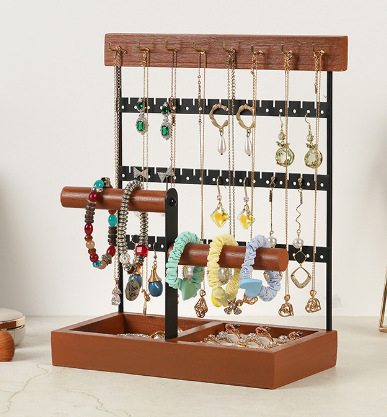 Užsienio prekybos originalaus dizaino auksinė dviejų ašių papuošalų lentynėlė, išardoma iš medžio masyvo pagrindo žiedų laikymo dėklas, auskarų papuošalų lentynėlė