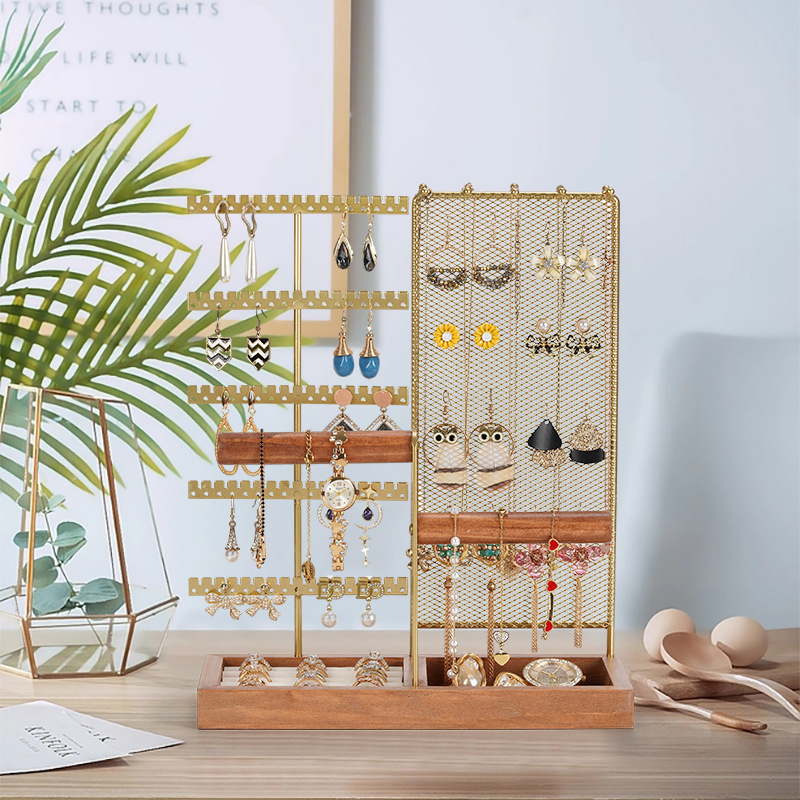 Užsienio prekybos originalaus dizaino auksinė dviejų ašių papuošalų lentynėlė, išardoma iš medžio masyvo pagrindo žiedų laikymo dėklas, auskarų papuošalų lentynėlė