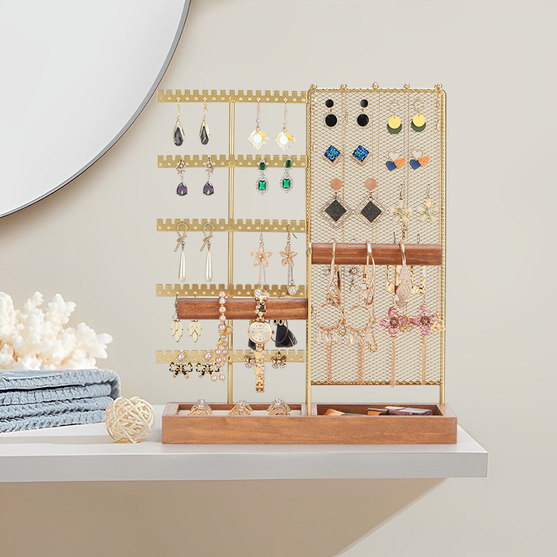 Užsienio prekybos originalaus dizaino auksinė dviejų ašių papuošalų lentynėlė, išardoma iš medžio masyvo pagrindo žiedų laikymo dėklas, auskarų papuošalų lentynėlė