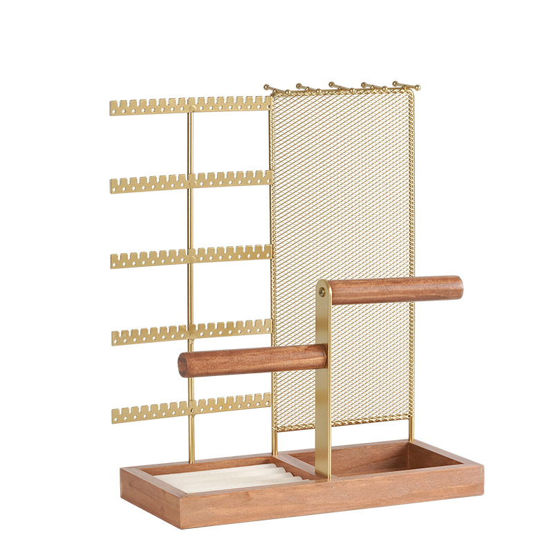 Užsienio prekybos originalaus dizaino auksinė dviejų ašių papuošalų lentynėlė, išardoma iš medžio masyvo pagrindo žiedų laikymo dėklas, auskarų papuošalų lentynėlė