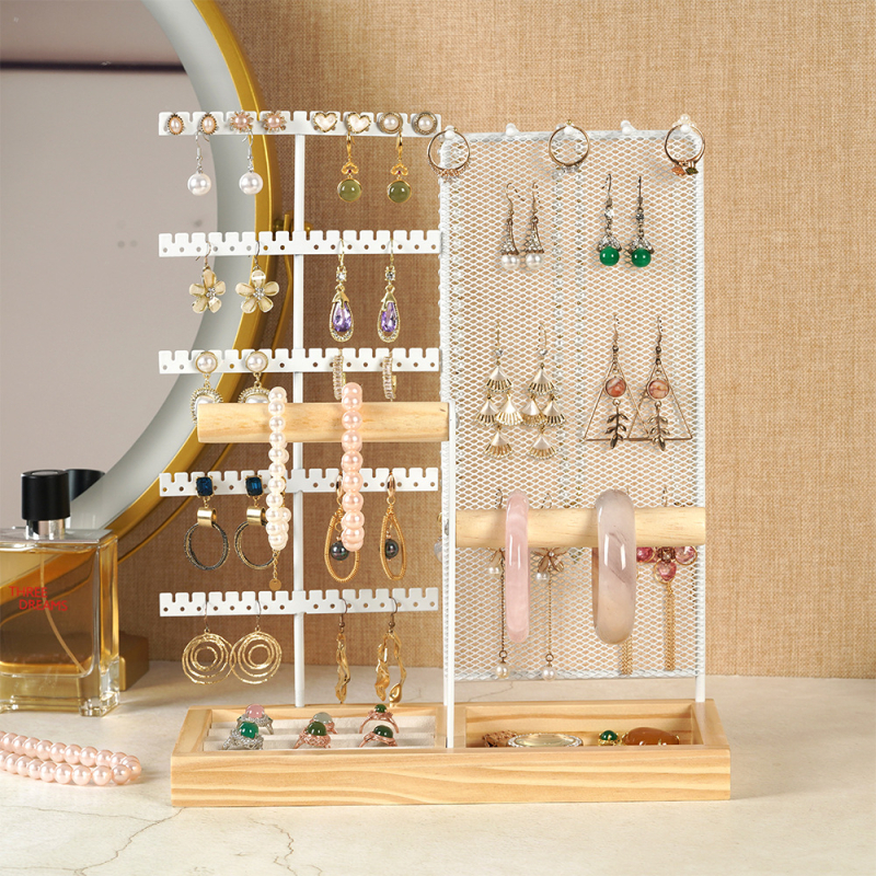 Užsienio prekybos originalaus dizaino auksinė dviejų ašių papuošalų lentynėlė, išardoma iš medžio masyvo pagrindo žiedų laikymo dėklas, auskarų papuošalų lentynėlė