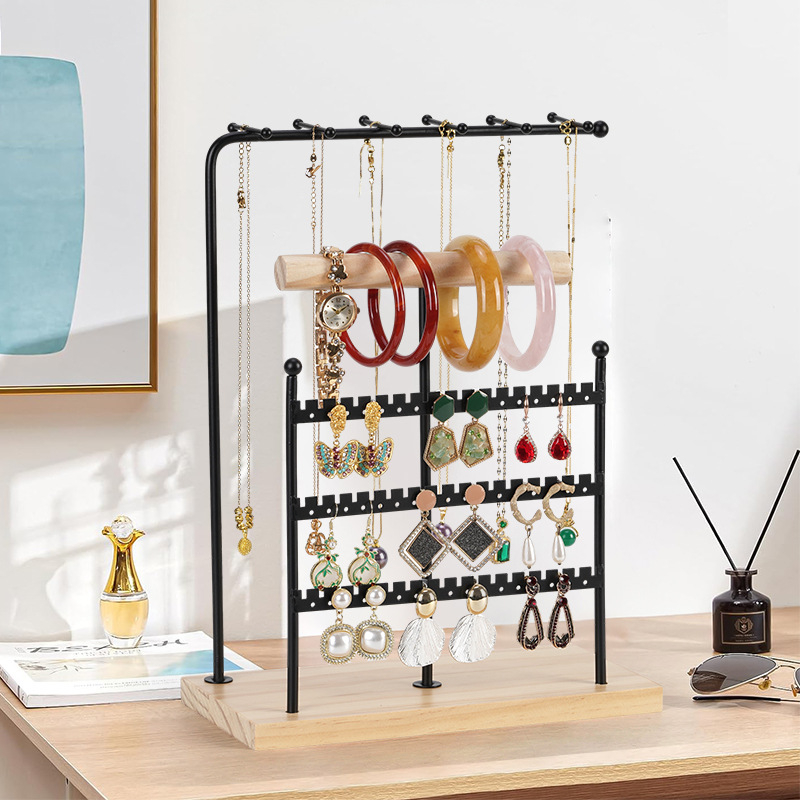 Užsienio prekybos originalaus dizaino auksinė dviejų ašių papuošalų lentynėlė, išardoma iš medžio masyvo pagrindo žiedų laikymo dėklas, auskarų papuošalų lentynėlė