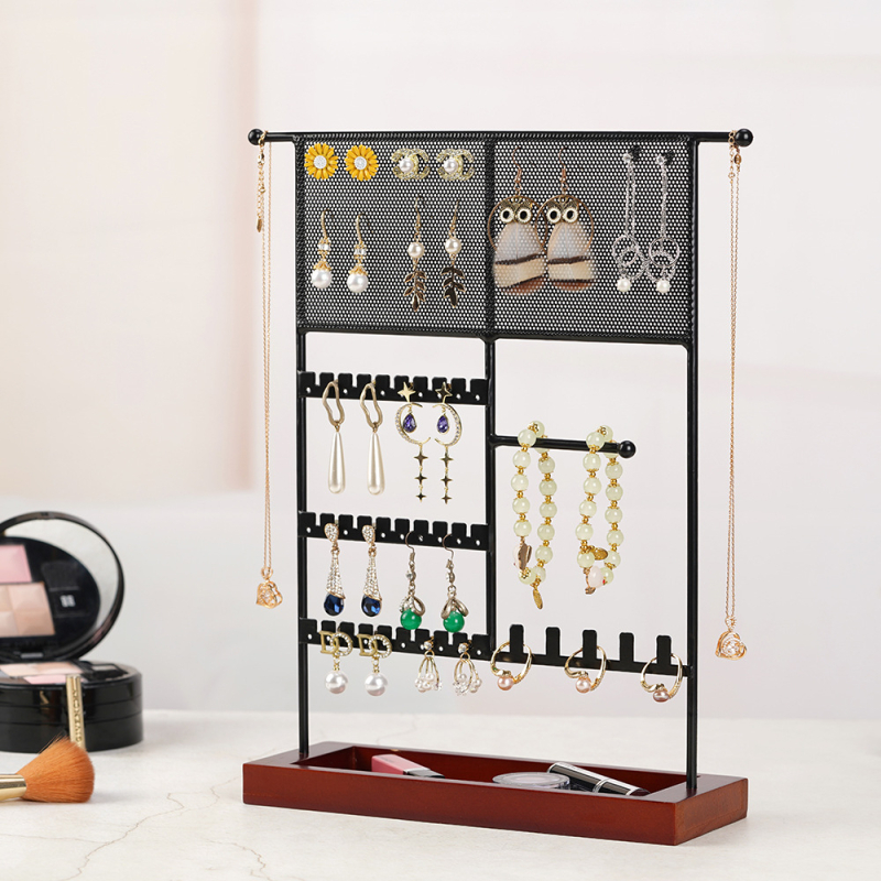 Užsienio prekybos originalaus dizaino auksinė dviejų ašių papuošalų lentynėlė, išardoma iš medžio masyvo pagrindo žiedų laikymo dėklas, auskarų papuošalų lentynėlė