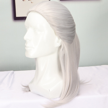 Xuchang meeste hõbehall kohev keskmise pikkusega sirgete juustega antiikne keemilisest kiust parukas, täispeakate cosplay parukas