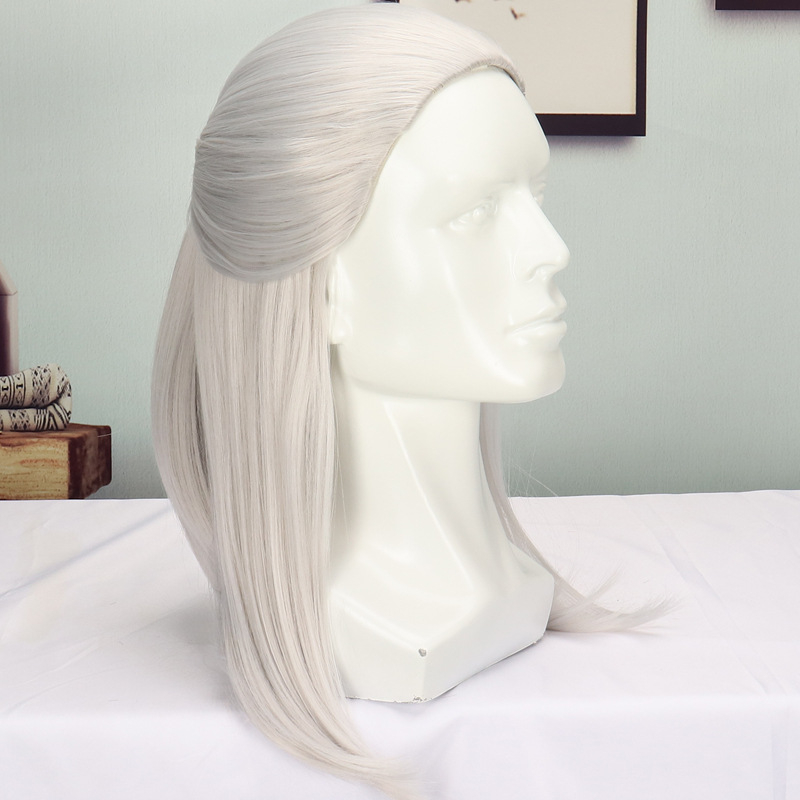 Xuchang meeste hõbehall kohev keskmise pikkusega sirgete juustega antiikne keemilisest kiust parukas, täispeakate cosplay parukas