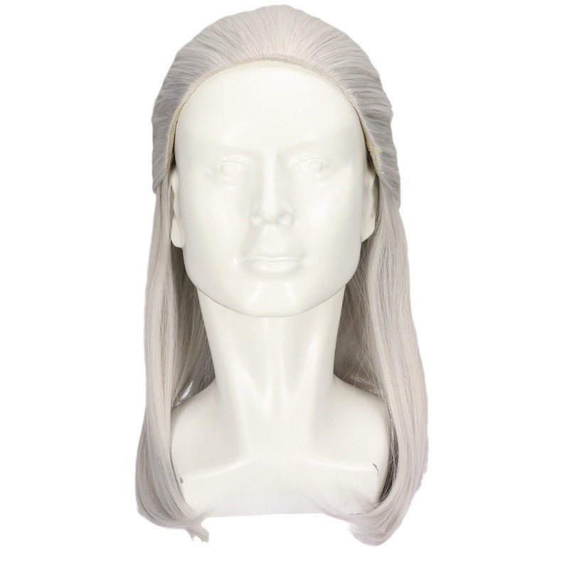 Xuchang meeste hõbehall kohev keskmise pikkusega sirgete juustega antiikne keemilisest kiust parukas, täispeakate cosplay parukas