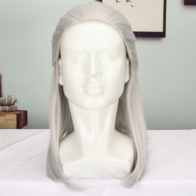 Xuchang meeste hõbehall kohev keskmise pikkusega sirgete juustega antiikne keemilisest kiust parukas, täispeakate cosplay parukas