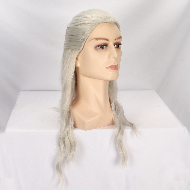 Xuchang meeste hõbehall kohev keskmise pikkusega sirgete juustega antiikne keemilisest kiust parukas, täispeakate cosplay parukas