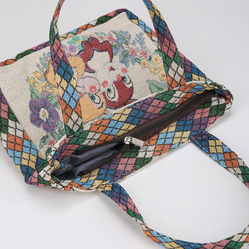 Siuvinėta drobinė rankinė su deimanto formos languotu triušio, Mikio, katės ir kasdienio darbo rankinė su mamyte, maža medžiaginė rankinė