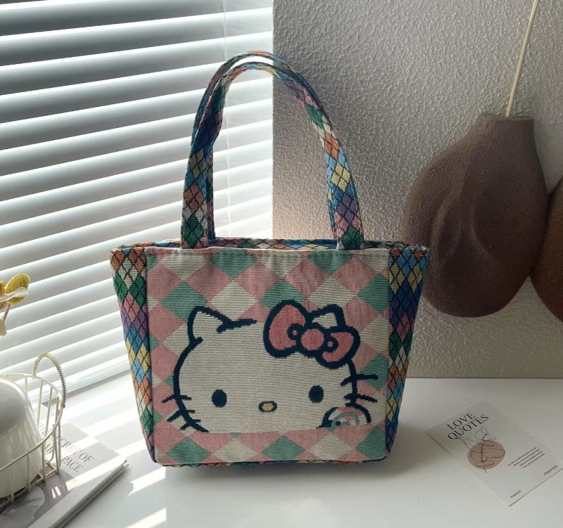 Siuvinėta drobinė rankinė su deimanto formos languotu triušio, Mikio, katės ir kasdienio darbo rankinė su mamyte, maža medžiaginė rankinė