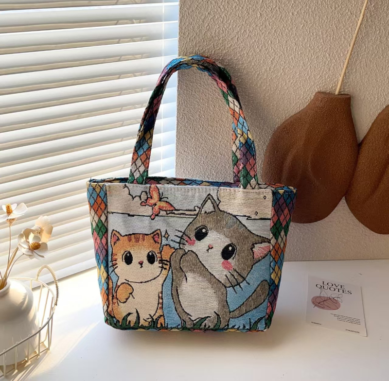Siuvinėta drobinė rankinė su deimanto formos languotu triušio, Mikio, katės ir kasdienio darbo rankinė su mamyte, maža medžiaginė rankinė