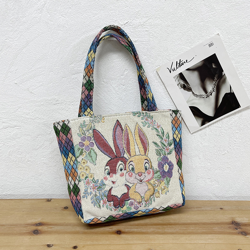 Siuvinėta drobinė rankinė su deimanto formos languotu triušio, Mikio, katės ir kasdienio darbo rankinė su mamyte, maža medžiaginė rankinė