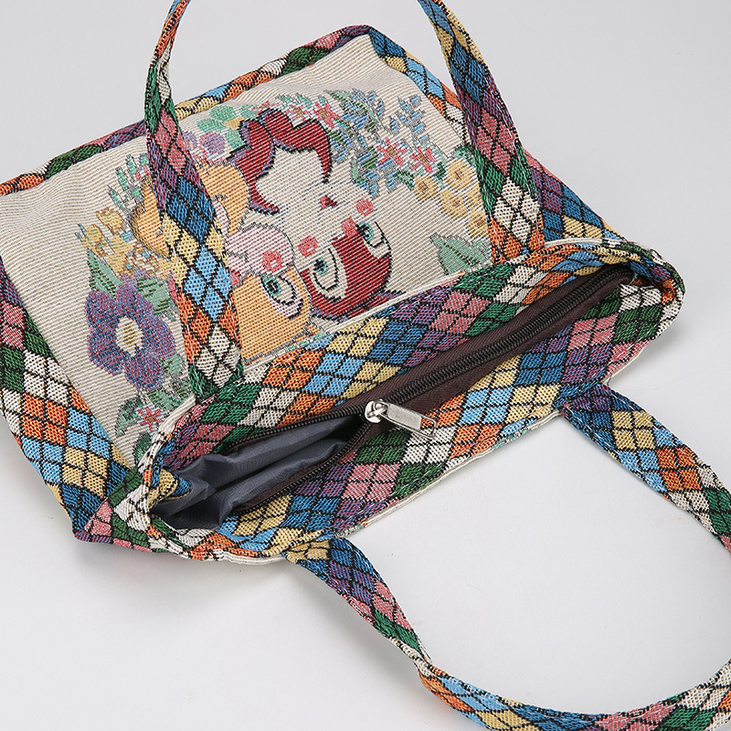 Siuvinėta drobinė rankinė su deimanto formos languotu triušio, Mikio, katės ir kasdienio darbo rankinė su mamyte, maža medžiaginė rankinė