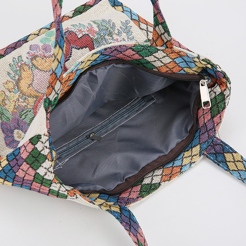 Siuvinėta drobinė rankinė su deimanto formos languotu triušio, Mikio, katės ir kasdienio darbo rankinė su mamyte, maža medžiaginė rankinė