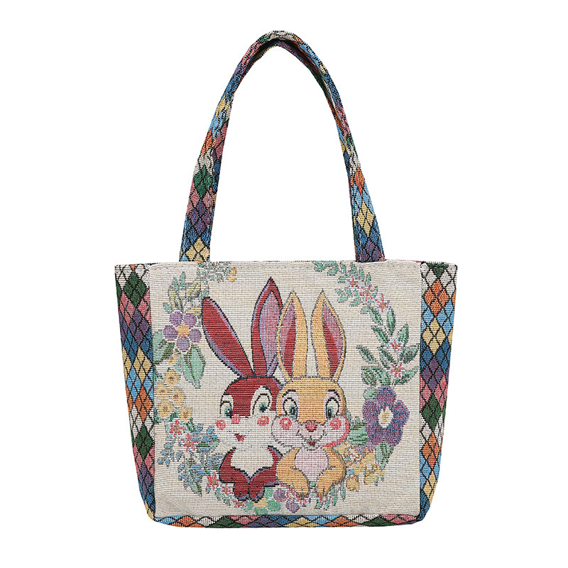 Siuvinėta drobinė rankinė su deimanto formos languotu triušio, Mikio, katės ir kasdienio darbo rankinė su mamyte, maža medžiaginė rankinė