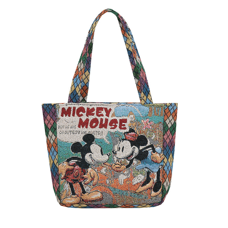 Siuvinėta drobinė rankinė su deimanto formos languotu triušio, Mikio, katės ir kasdienio darbo rankinė su mamyte, maža medžiaginė rankinė