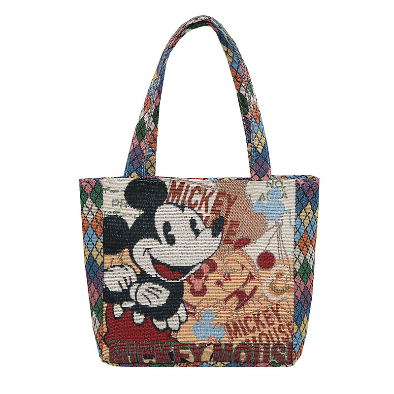 Siuvinėta drobinė rankinė su deimanto formos languotu triušio, Mikio, katės ir kasdienio darbo rankinė su mamyte, maža medžiaginė rankinė