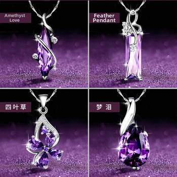 Euroopa ja Ameerika uus hõbetatud kaelakee naistele loominguline neljaleheline ristik ametüst teemantkaelakee lühike rangluu ketiga kristallripats