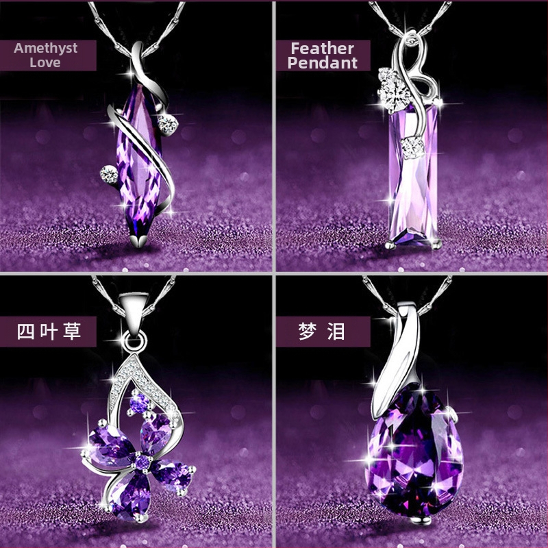 Euroopa ja Ameerika uus hõbetatud kaelakee naistele loominguline neljaleheline ristik ametüst teemantkaelakee lühike rangluu ketiga kristallripats