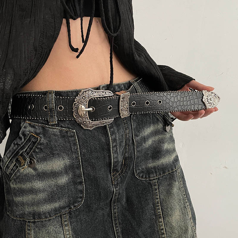Europietiško ir amerikietiško stiliaus moteriškas diržas, 2024 m. naujas amerikietiškas retro krokodilo juodas diržas, universalus džinsinis, dekoratyvinis korėjietiško stiliaus
