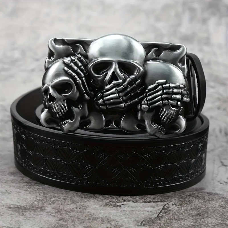 Madingas sidabrinės sagties kaukolės lydinio plokštės sagties diržas, vintažinis reljefinis pankroko stiliaus vyriškas ir moteriškas PU odos diržas, yra sandėlyje.