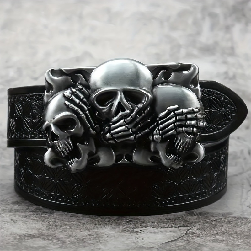 Madingas sidabrinės sagties kaukolės lydinio plokštės sagties diržas, vintažinis reljefinis pankroko stiliaus vyriškas ir moteriškas PU odos diržas, yra sandėlyje.