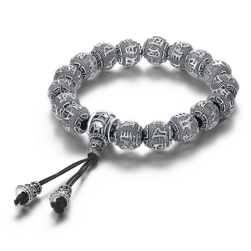 Vīriešu Taizemes sudraba pērlīšu aproce ar trīsvirzienu pagoda imitāciju S999 sudraba sešu rakstzīmju mantras pērlīšu obsidiāna aproce ar teksta spēli