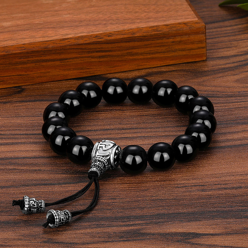 Meeste Tai hõbehelmestega käevõru, kolmesuunaline pagoodiimitatsioon S999 hõbedast kuuetäheliste mantrahelmestega obsidiaanist käevõru tekstimänguga