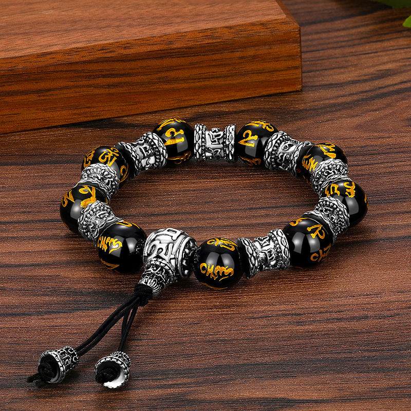 Meeste Tai hõbehelmestega käevõru, kolmesuunaline pagoodiimitatsioon S999 hõbedast kuuetäheliste mantrahelmestega obsidiaanist käevõru tekstimänguga