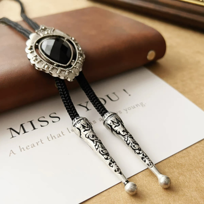 Cravată vintage în stil vechi cu picătură de apă, din denim, casual, cu guler polo, cu frânghie, neutră, cu guler cu fundă și flori