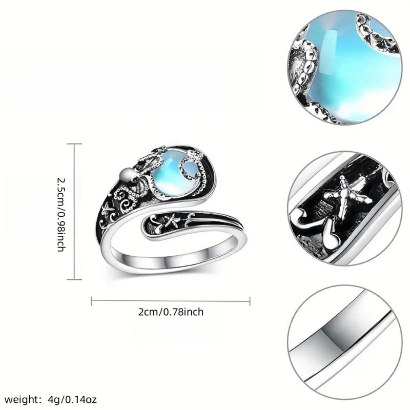 Naujas paprastas havajietiškas personalizuotas mėnulio akmens žiedas su retro stiliaus spausdintu, reguliuojamo dydžio žiedu