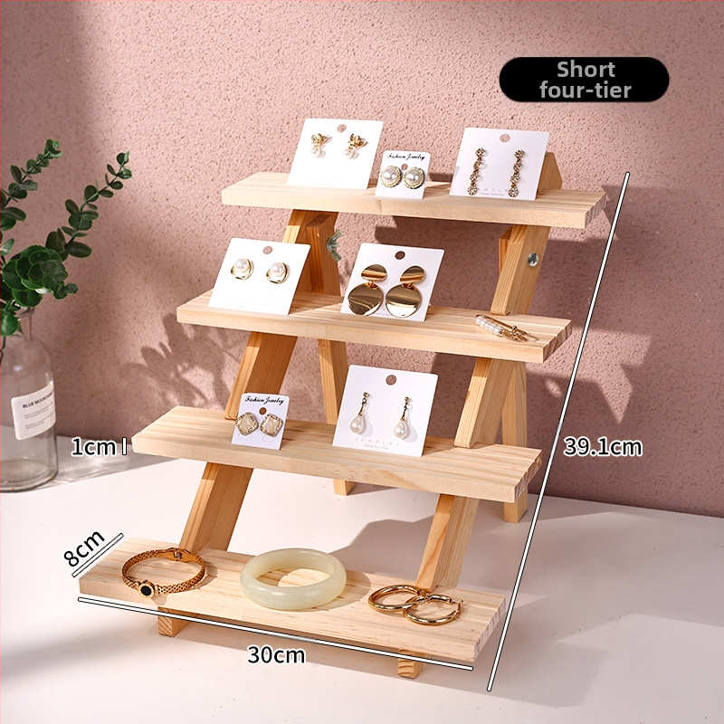 Papuošalų demonstravimo lentyna, medžio masyvo stalviršis, auskarai, papuošalų laikymo lentyna, papuošalų apyrankės, auskarų prekystalis su laiptuotu demonstravimu