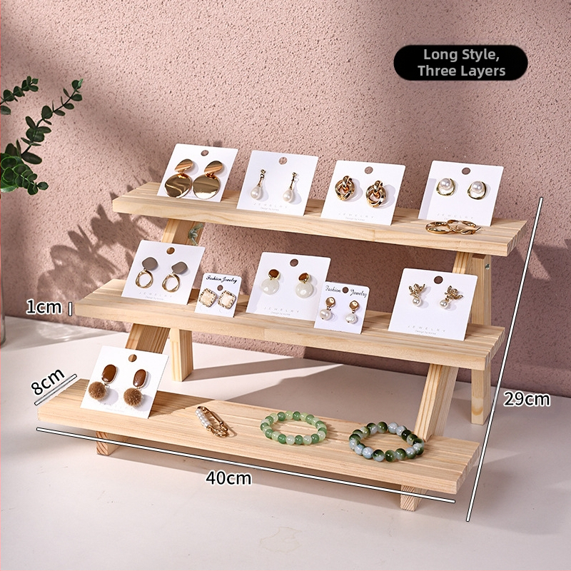 Papuošalų demonstravimo lentyna, medžio masyvo stalviršis, auskarai, papuošalų laikymo lentyna, papuošalų apyrankės, auskarų prekystalis su laiptuotu demonstravimu