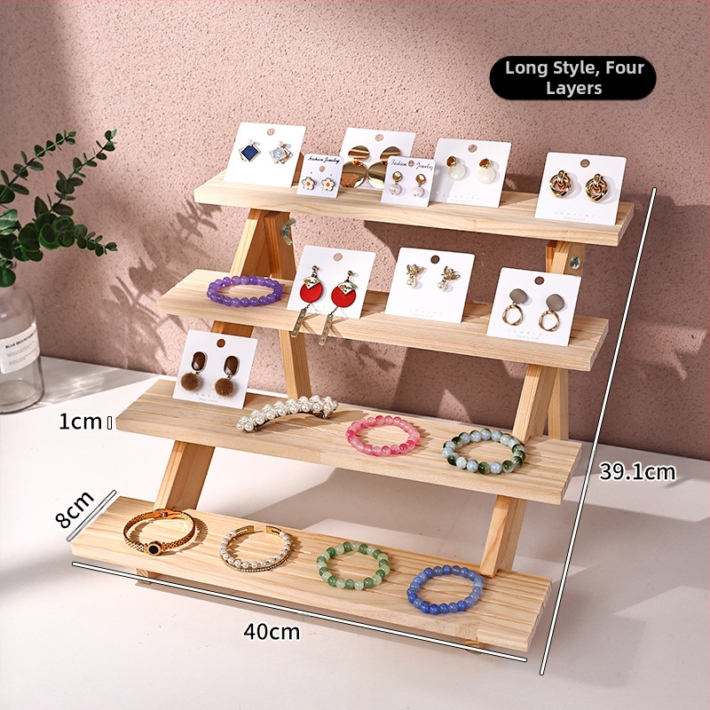 Papuošalų demonstravimo lentyna, medžio masyvo stalviršis, auskarai, papuošalų laikymo lentyna, papuošalų apyrankės, auskarų prekystalis su laiptuotu demonstravimu