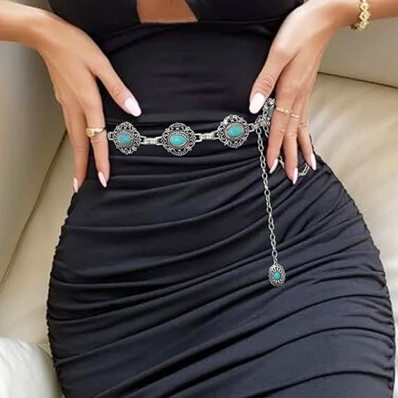 Moteriška bohemiško stiliaus pankroko turkio spalvos suknele su kryželiu, aukštos kokybės, vintažinė, sandėlyje. Moteriška metalinė juosmens grandinėlė.