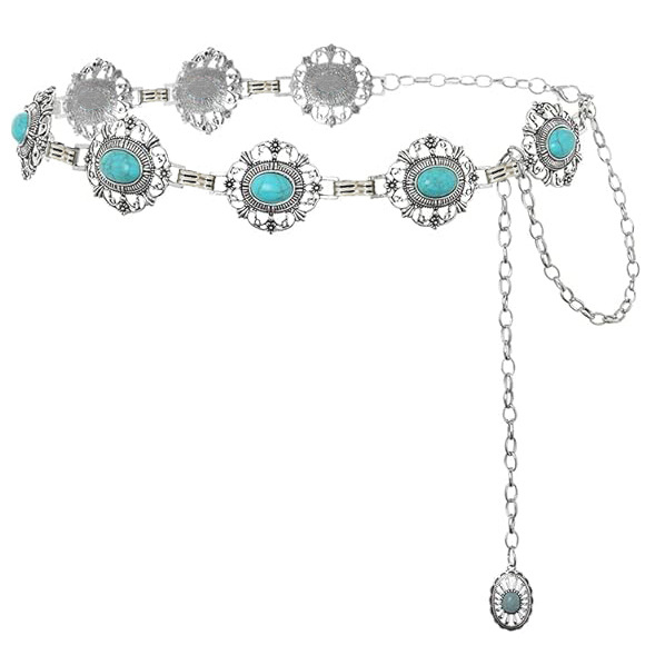 Moteriška bohemiško stiliaus pankroko turkio spalvos suknele su kryželiu, aukštos kokybės, vintažinė, sandėlyje. Moteriška metalinė juosmens grandinėlė.