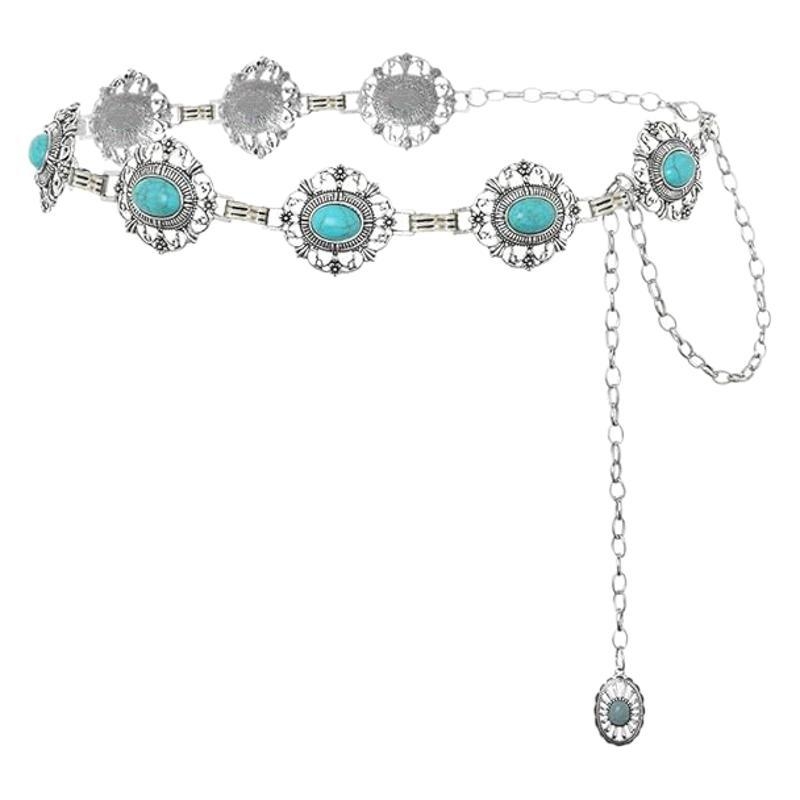 Moteriška bohemiško stiliaus pankroko turkio spalvos suknele su kryželiu, aukštos kokybės, vintažinė, sandėlyje. Moteriška metalinė juosmens grandinėlė.