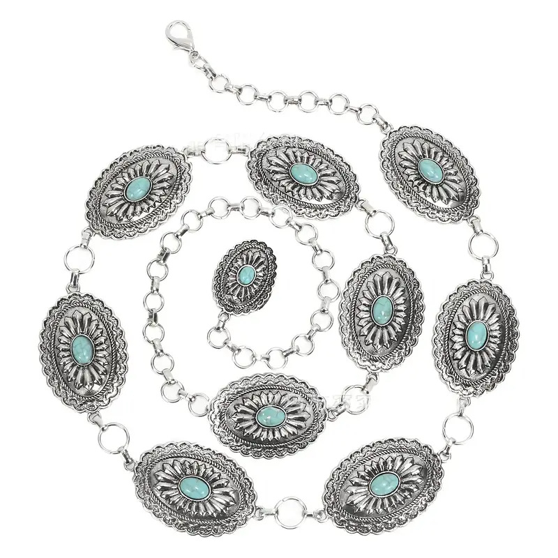 „Amazon Cross-Border“ populiari juosmens grandinėlė su turkio spalvos inkrustuota etninio stiliaus raižyta retro kelnių juosta, dekoratyvinė juosmens juosta