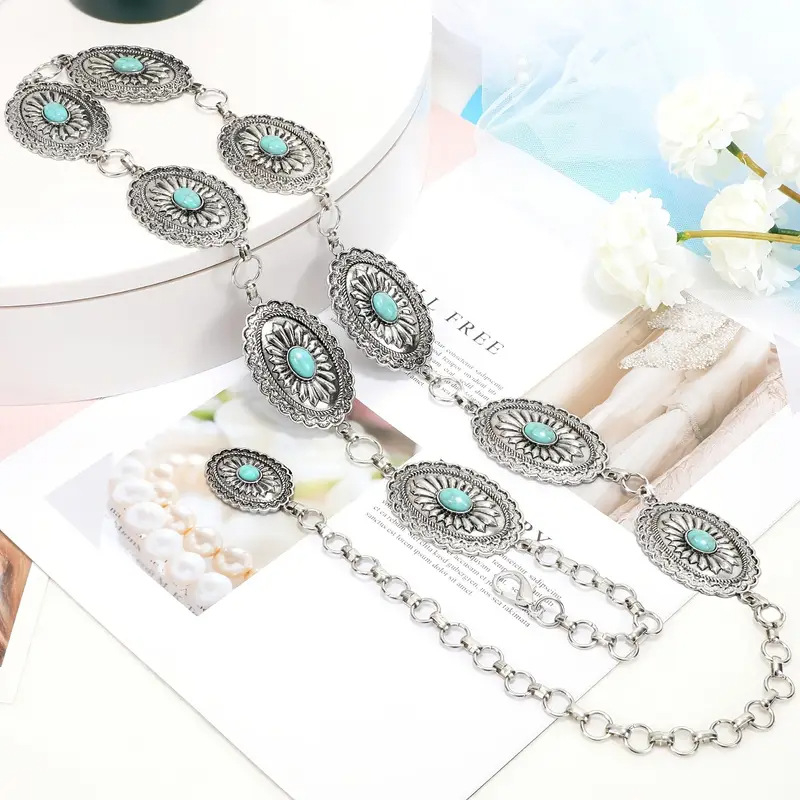 „Amazon Cross-Border“ populiari juosmens grandinėlė su turkio spalvos inkrustuota etninio stiliaus raižyta retro kelnių juosta, dekoratyvinė juosmens juosta