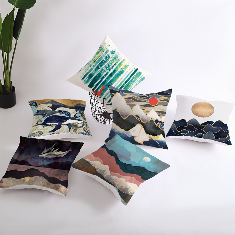 Pernă decorativă Amazon Home, en-gros, 2023, scandinavă, cu linii aurii, peisaj geometric, față de pernă cu piele de piersică