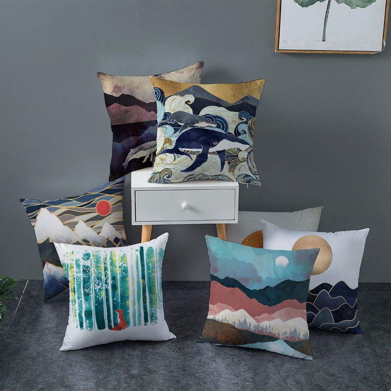 Pernă decorativă Amazon Home, en-gros, 2023, scandinavă, cu linii aurii, peisaj geometric, față de pernă cu piele de piersică