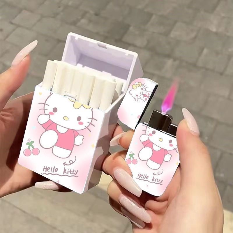 Сладка пластмасова анимационна фигурка, кутия за цигари Sanrio Creative Personality, съхранение на 20 груби цигари със същия стил, метална запалка