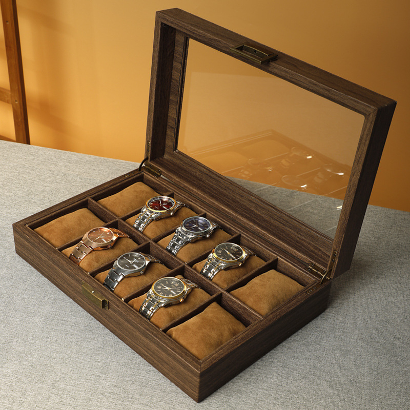 Prabangi, lengva, nauja kiniško stiliaus medžio masyvo odos laikrodžių dėžutė, apyrankė, apyrankė, papuošalų dėžutė, vintažinis rankinių laikrodžių demonstravimo dėžutė su dangteliu