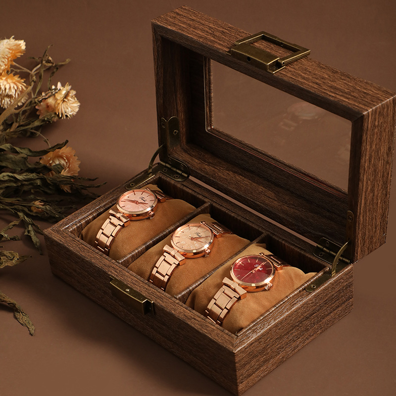 Prabangi, lengva, nauja kiniško stiliaus medžio masyvo odos laikrodžių dėžutė, apyrankė, apyrankė, papuošalų dėžutė, vintažinis rankinių laikrodžių demonstravimo dėžutė su dangteliu