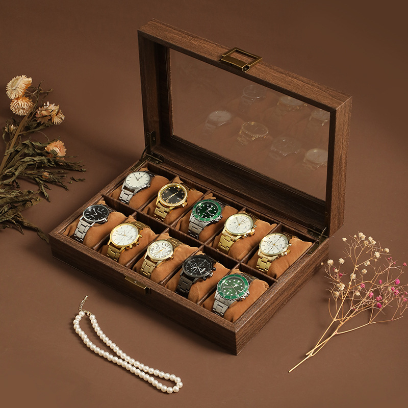 Prabangi, lengva, nauja kiniško stiliaus medžio masyvo odos laikrodžių dėžutė, apyrankė, apyrankė, papuošalų dėžutė, vintažinis rankinių laikrodžių demonstravimo dėžutė su dangteliu
