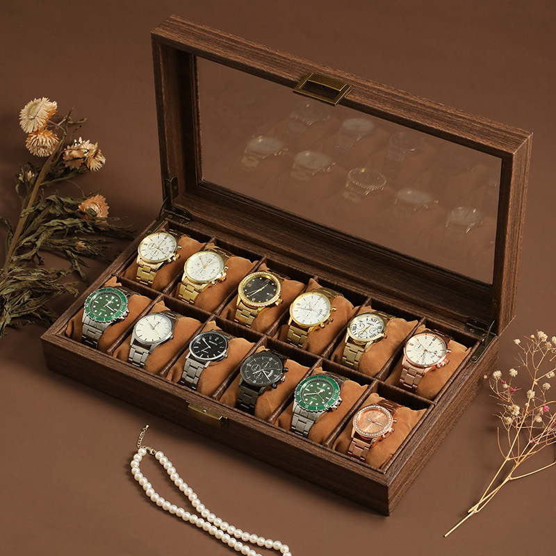 Prabangi, lengva, nauja kiniško stiliaus medžio masyvo odos laikrodžių dėžutė, apyrankė, apyrankė, papuošalų dėžutė, vintažinis rankinių laikrodžių demonstravimo dėžutė su dangteliu