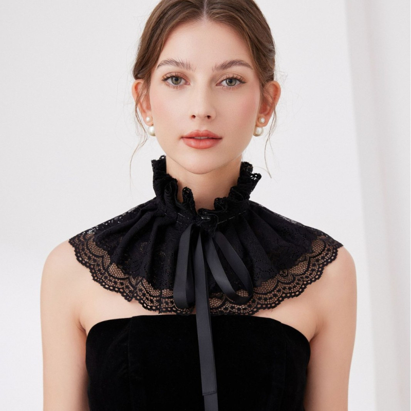 Nauja retro romantiška raukta nėrinių rūmų aristokratiška kaklo puošmena, prancūziška išskirtinė dvigubo sluoksnio nėriniuota skara su stovo apykakle