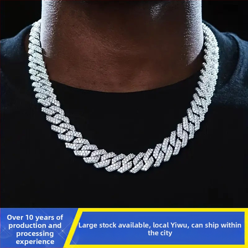 14 mm-es, rúd alakú kubai lánccal ellátott, keresztezett, divatos, könnyű, luxus, merész, teljes gyémántokkal kirakott nyaklánc, kifejezetten gyémánt berakáshoz tervezve.